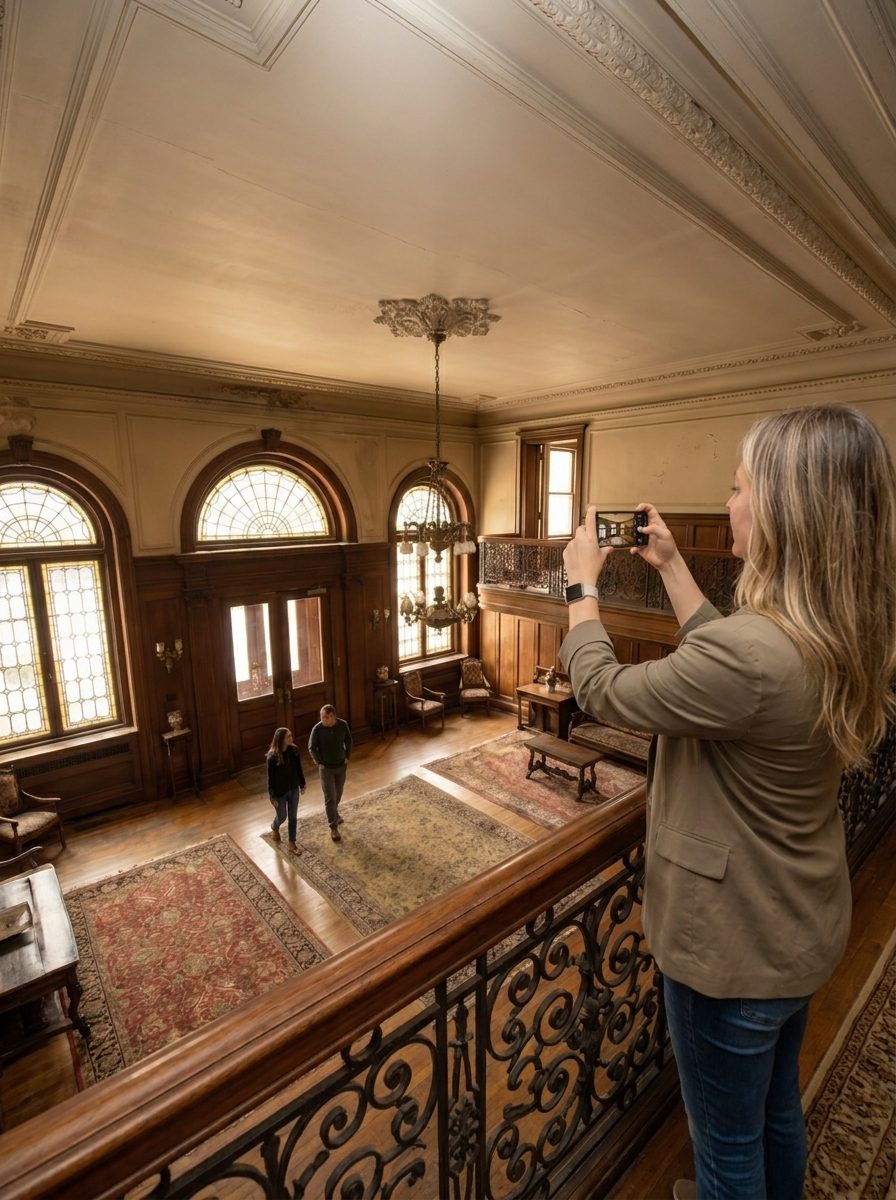 Inspector photographing a historic building interior